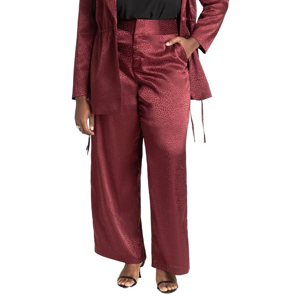 Eloquii Womens 14 Burgundy Animal Print Satin Wide Leg Pants